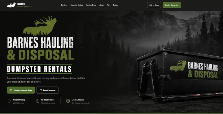Barnes Hauling & Disposal homepage with a dumpster-rental hero and compare-sizes and book-a-dumpster actions