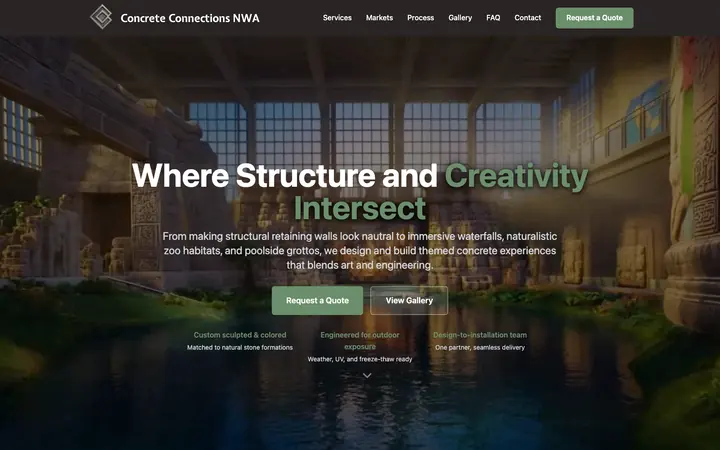 Concrete Connections NWA homepage: “Where Structure and Creativity Intersect” over a themed concrete grotto installation