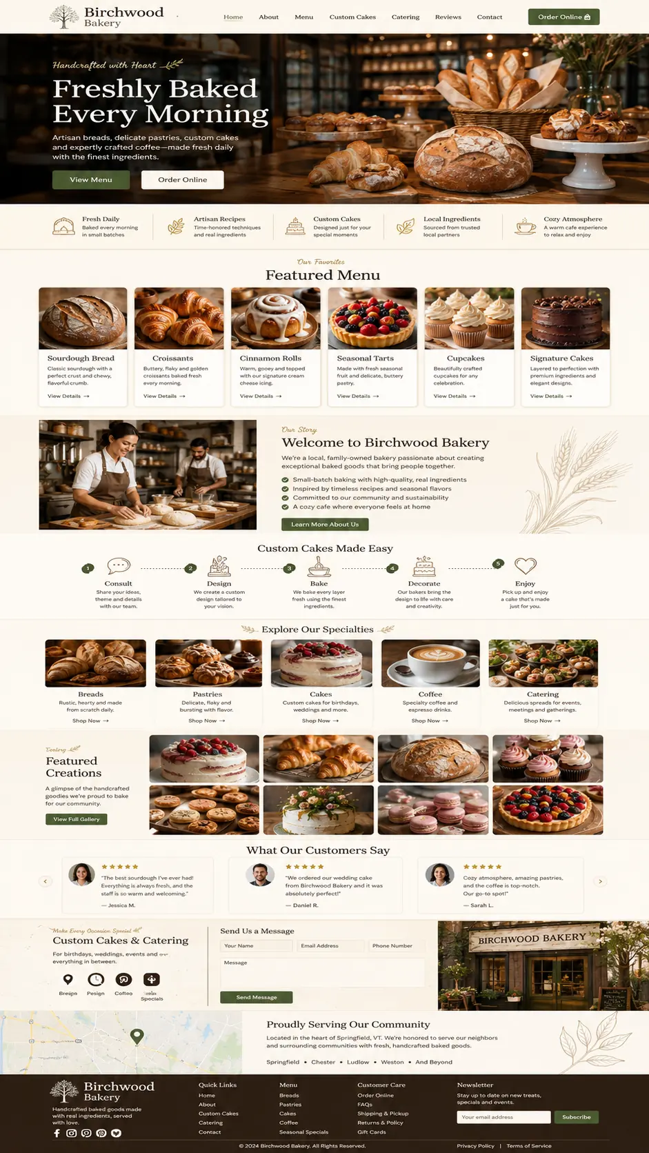 Birchwood Bakery template: “Freshly Baked Every Morning” hero over an artisan bread display, with a featured menu grid, a five-step custom cake process, and a product gallery