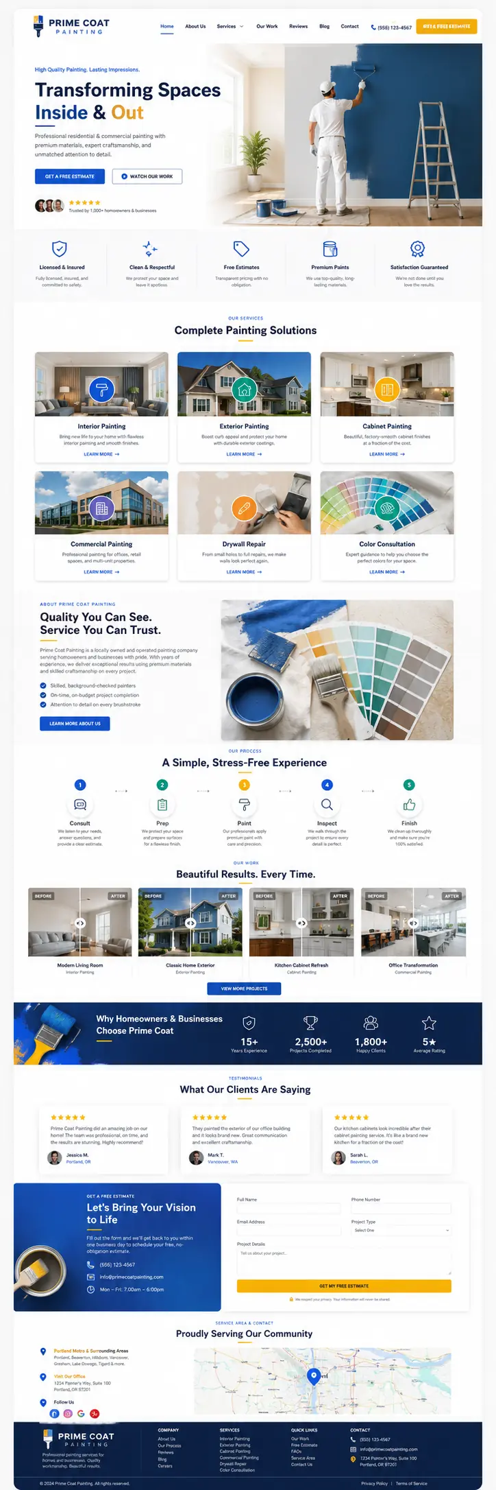 Prime Coat Painting template: “Transforming Spaces Inside & Out” hero showing an interior repaint, with service cards, before-and-after project sliders, and an estimate form