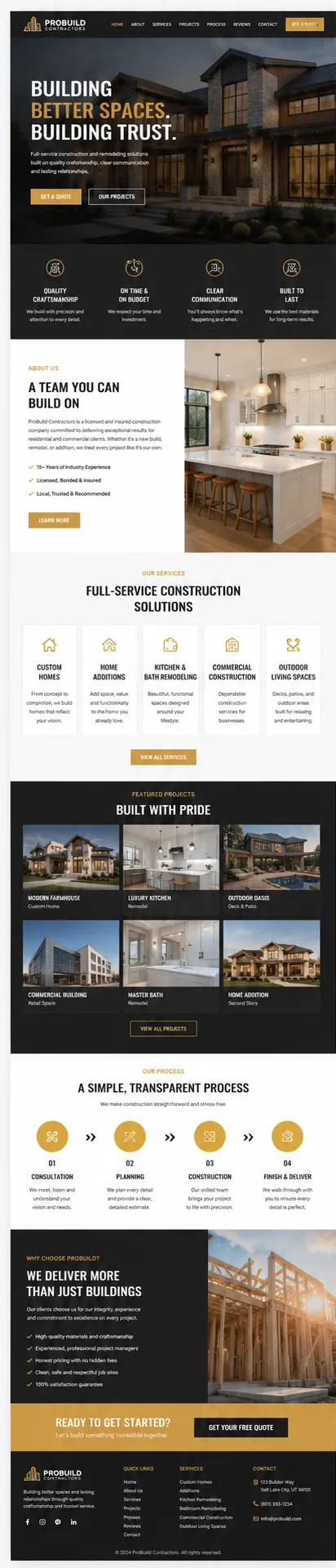ProBuild Contractors template: “Building Better Spaces. Building Trust.” hero over a modern home, with service cards, a featured-projects grid, and a transparent process section