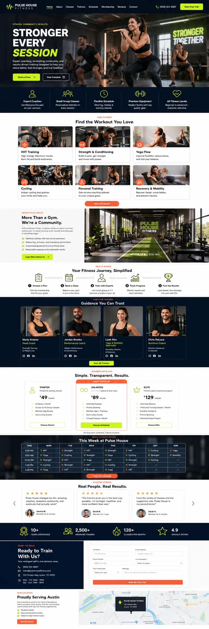 Pulse House Fitness template: “Stronger Every Session” hero over a group training class, with class cards, coach profiles, membership tiers, and a weekly schedule grid