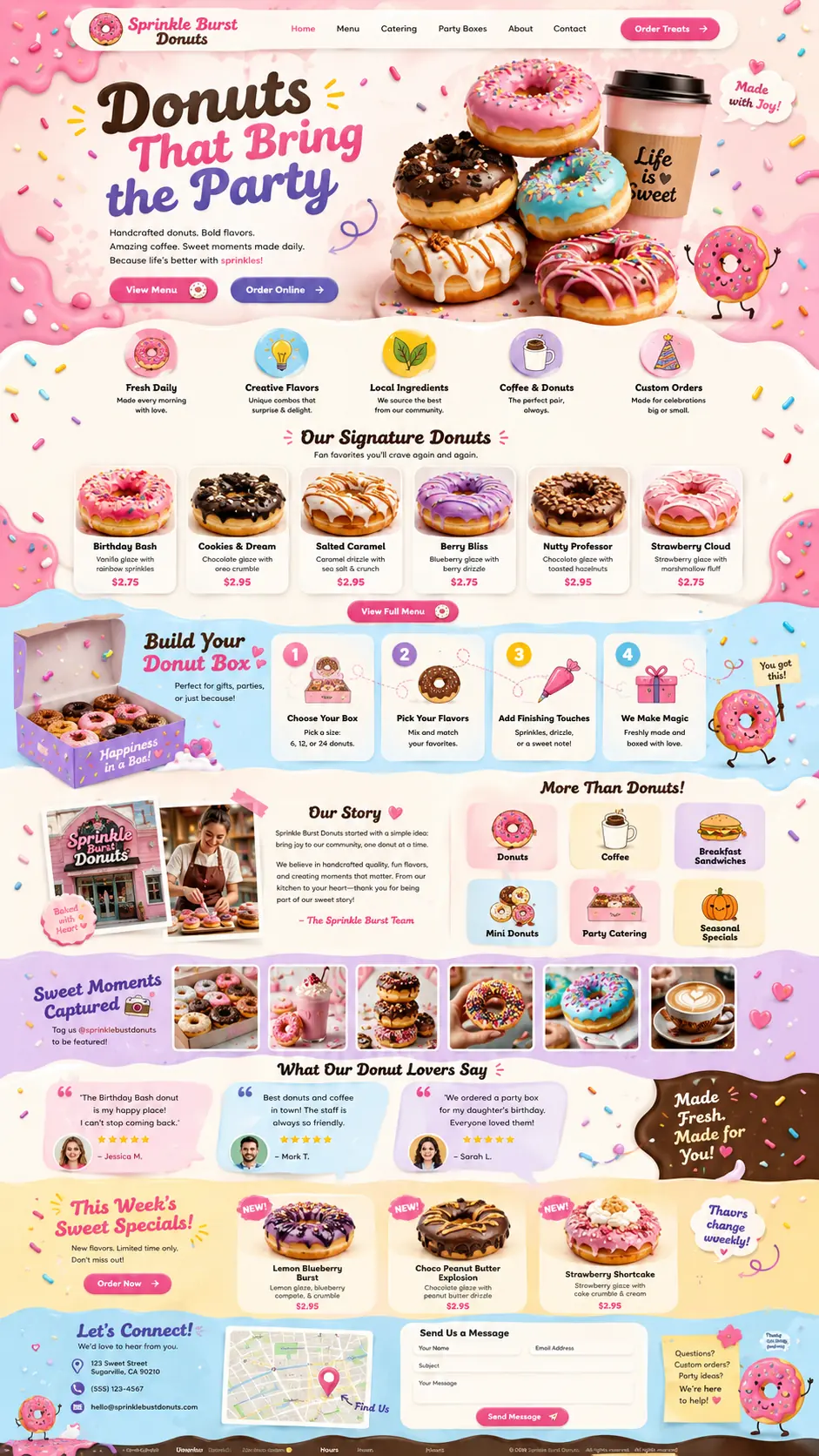Sprinkle Burst Donuts template: “Donuts That Bring the Party” hero over a stack of glazed donuts, with a priced signature menu, a build-your-own box walkthrough, and a weekly specials section